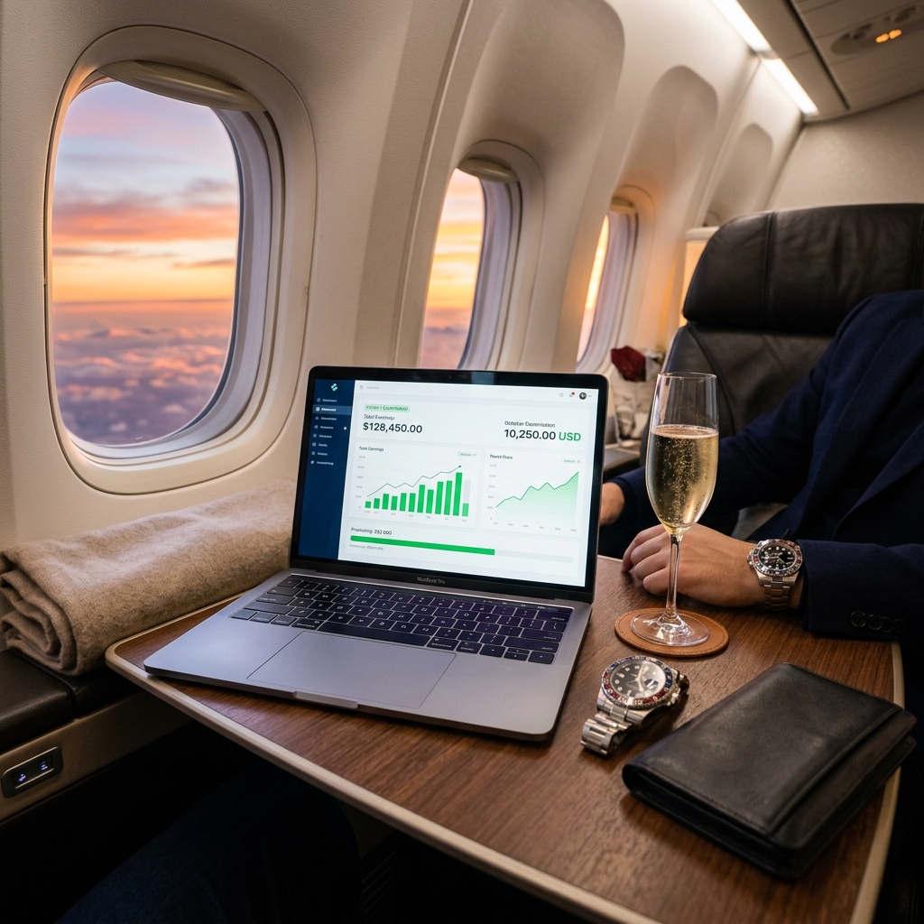 First class airplane cabin travel showing agent commission dashboard on laptop