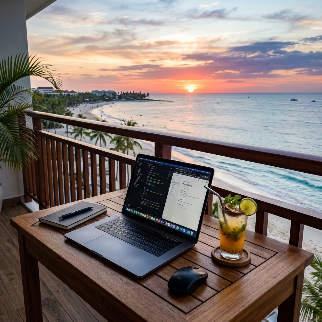 Digital nomad laptop on balcony overlooking tropical beach